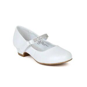 Little Girl/Big Girl Round Toe Rhinestone Strap Kiddie Heel Pump - White PATENT